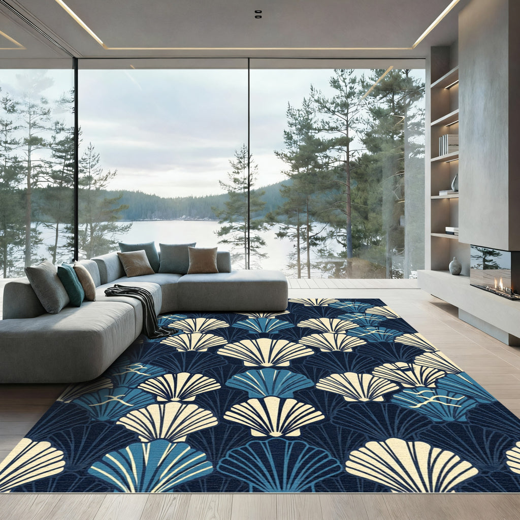 Art Deco Navy Shell Wave Composition Rug