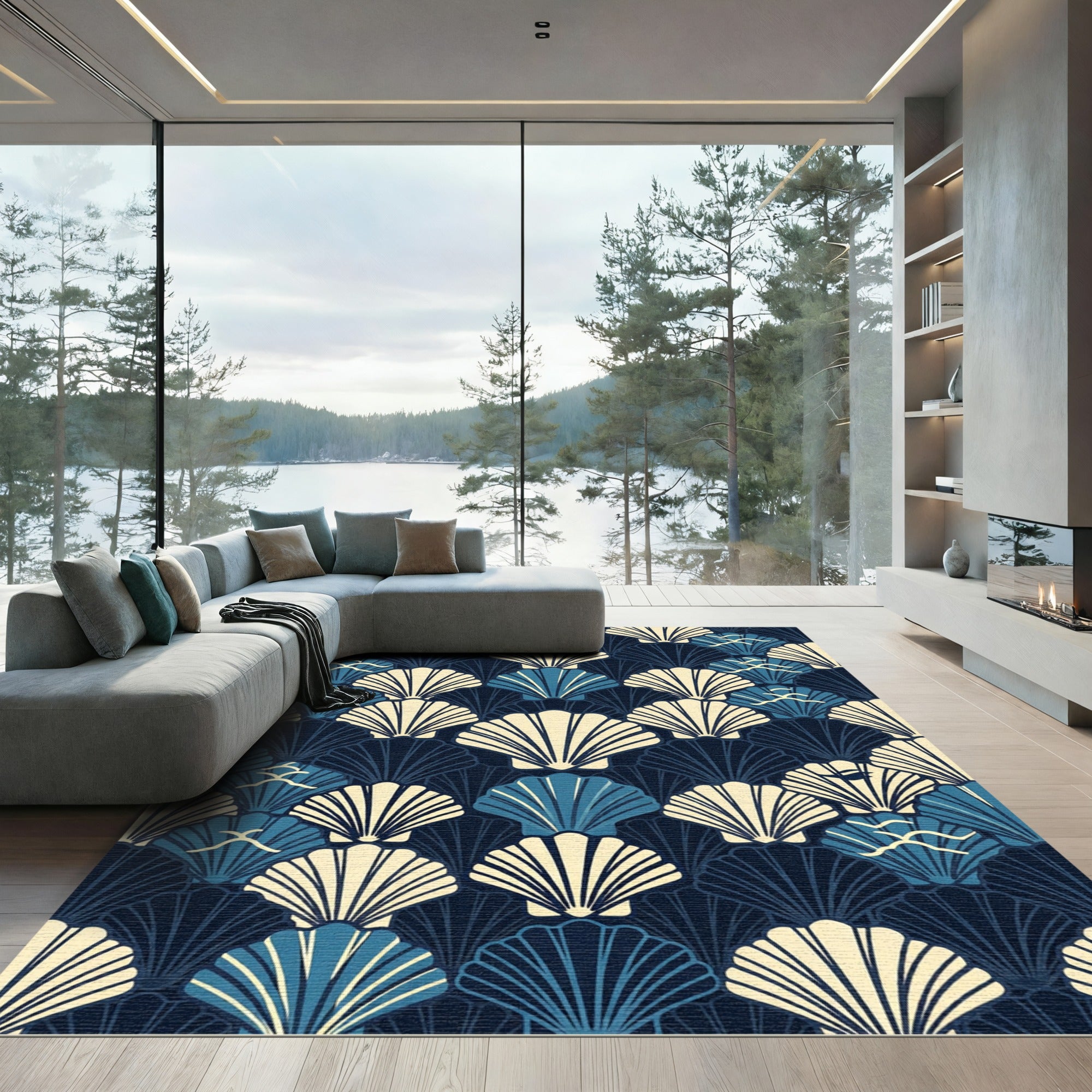 Art Deco Navy Shell Wave Composition Rug