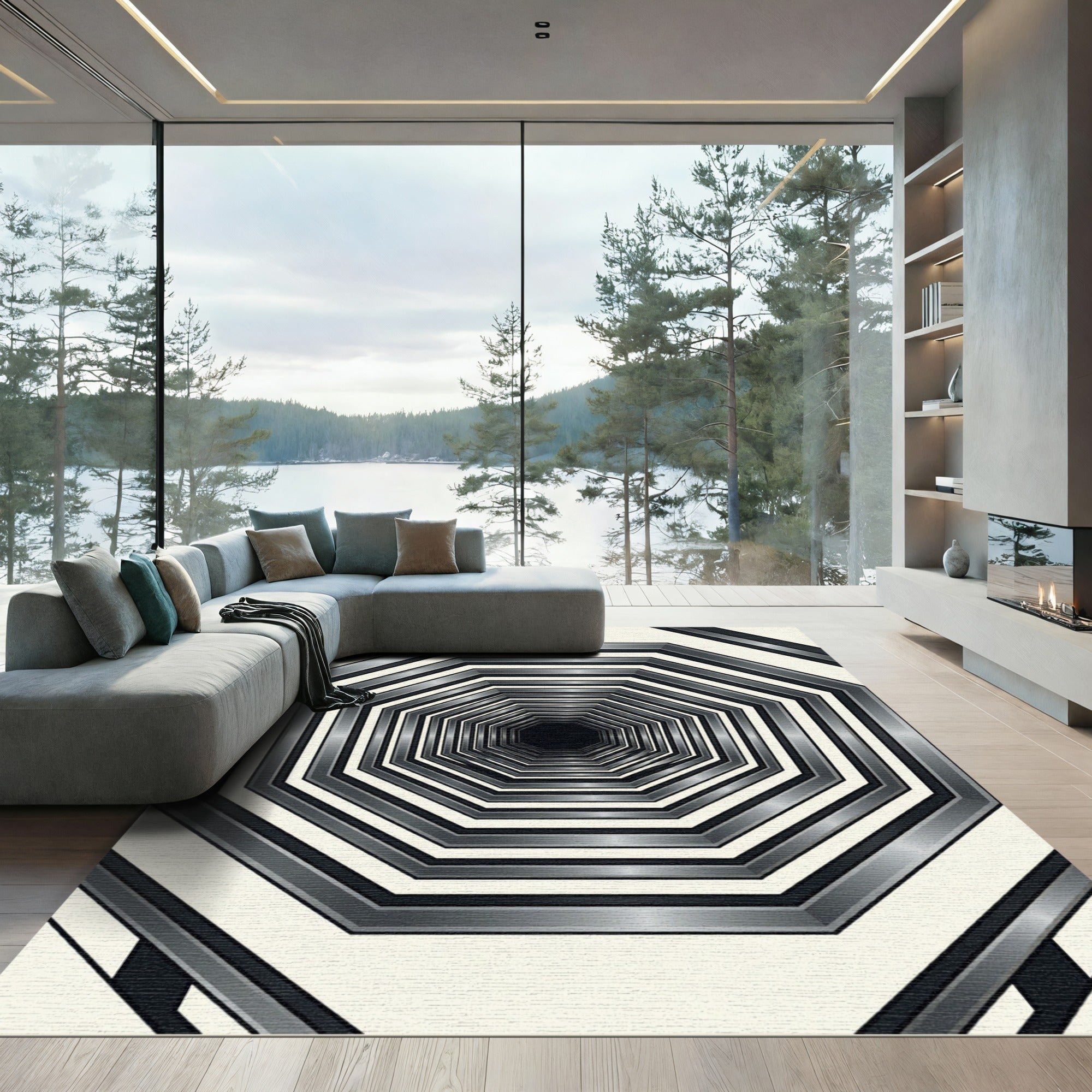 Monochrome Metallic Octagonal Tunnel Depth Rug