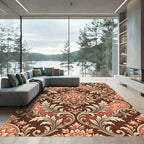 Ornate Coral Floral Scrollwork Rich Brown Rug