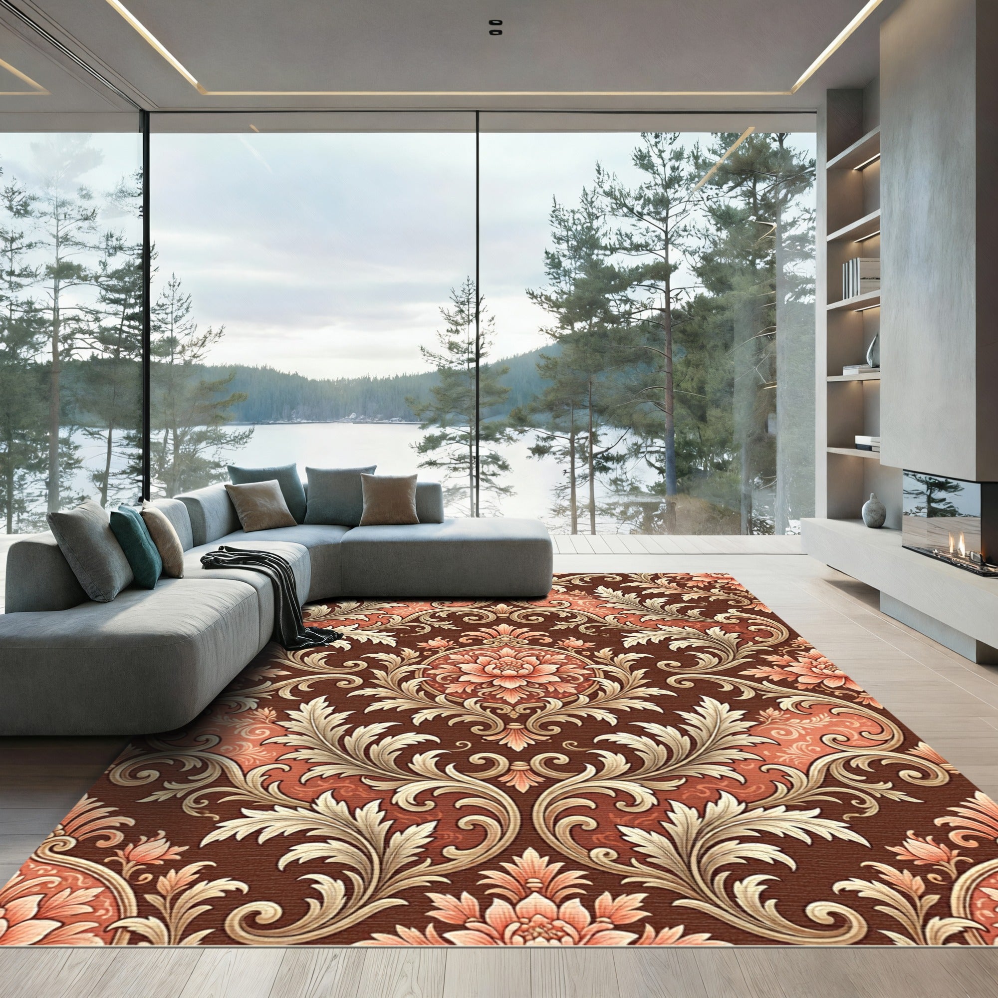 Ornate Coral Floral Scrollwork Rich Brown Rug