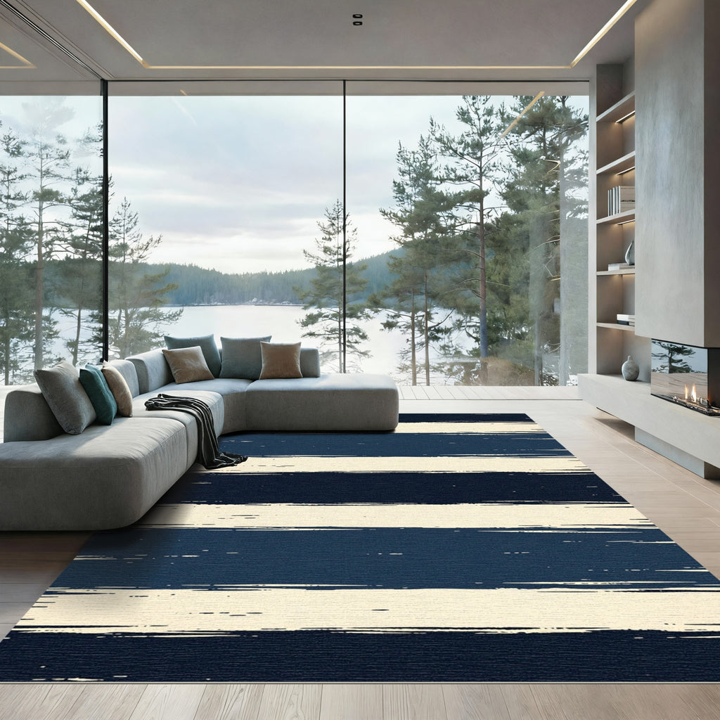 Navy and Cream Distressed Horizontal Stripe Rug