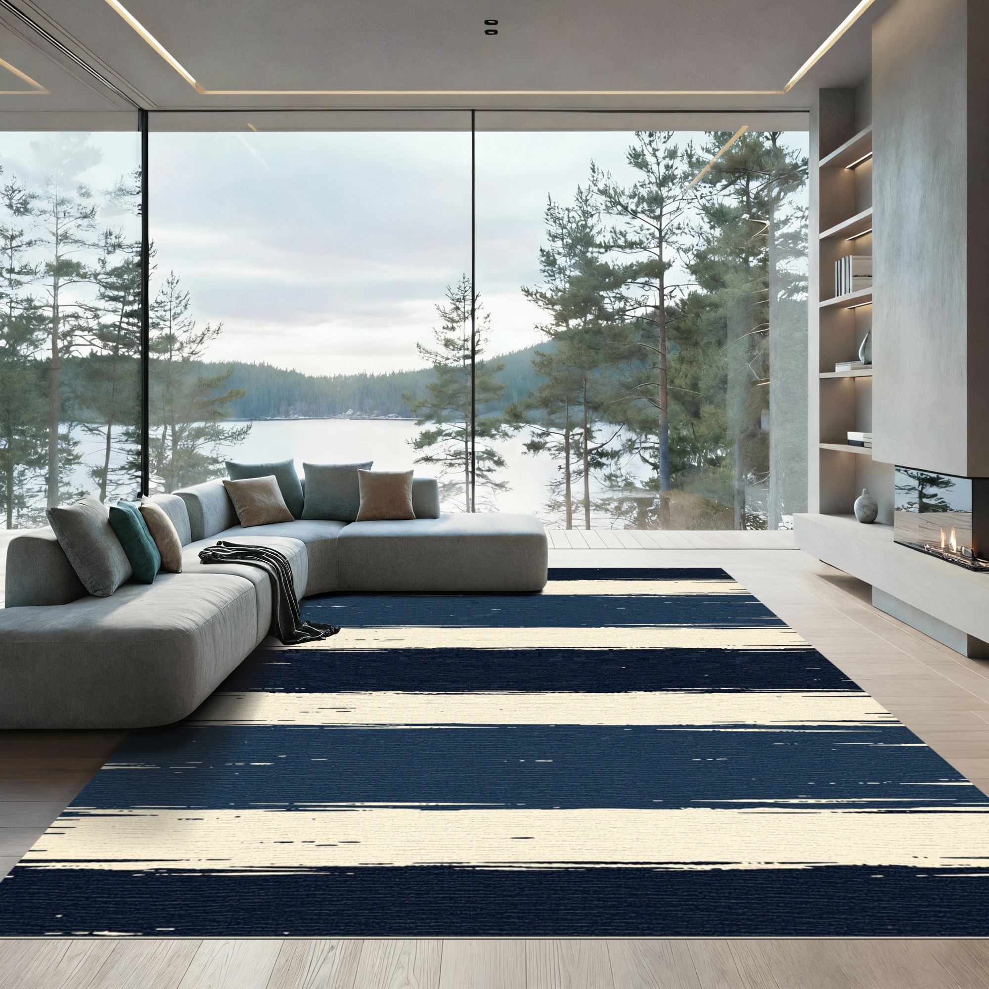 Navy and Cream Distressed Horizontal Stripe Rug