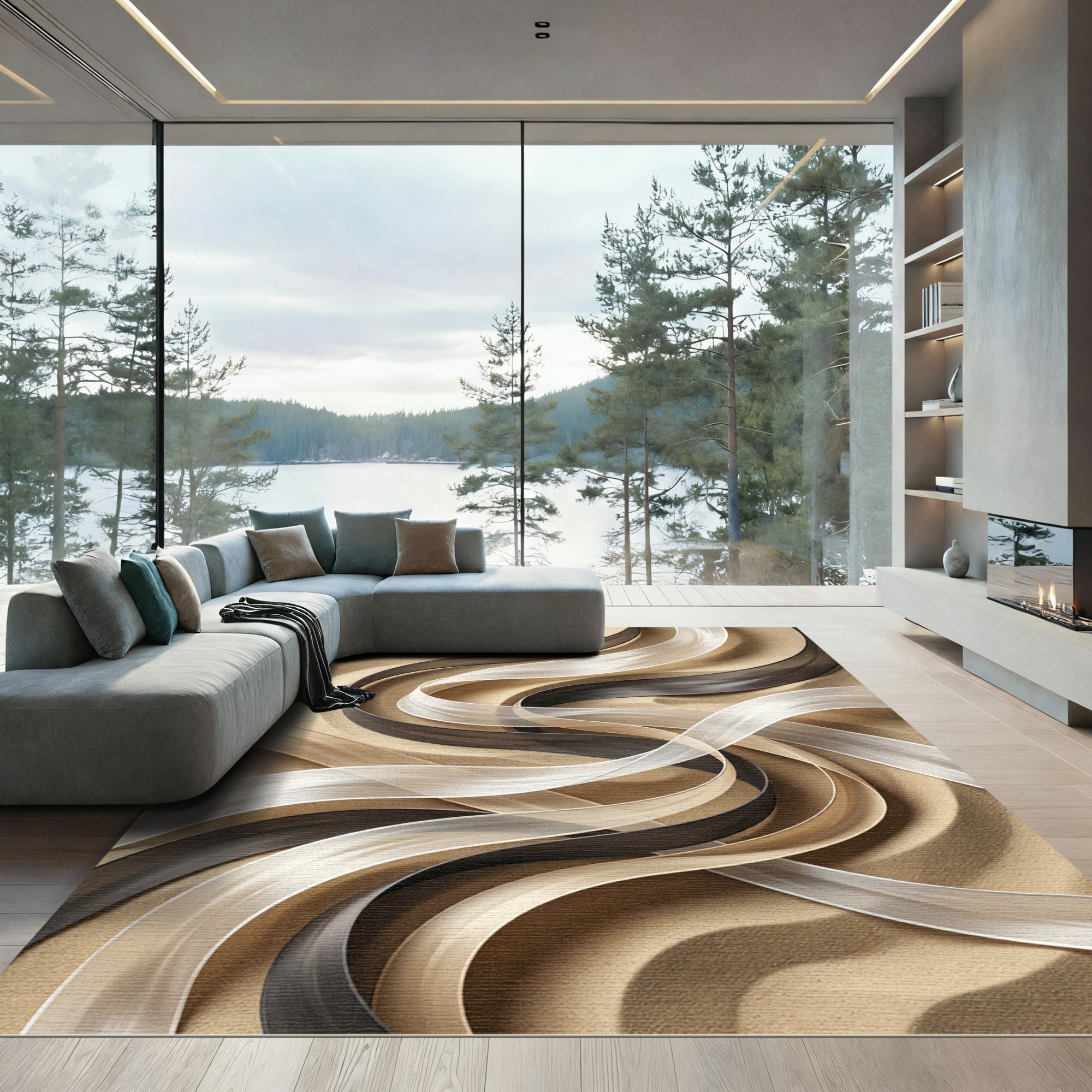 Minimalist Black and Cream Fluid Wave Rug