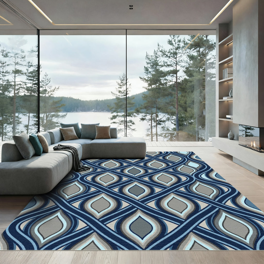 Interlocking Blue Wave Geometric Tile Rug