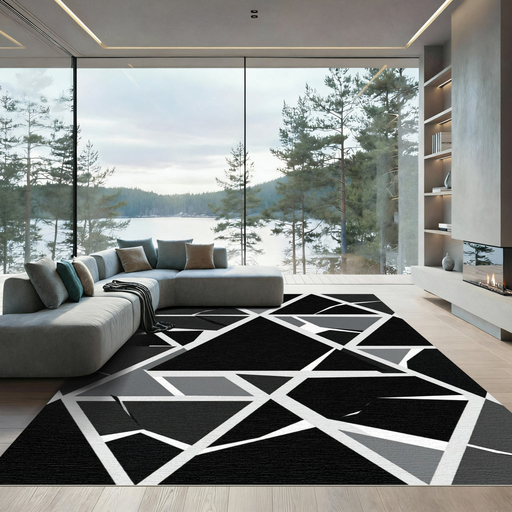 Monochrome Geometric Shattered Triangles Rug