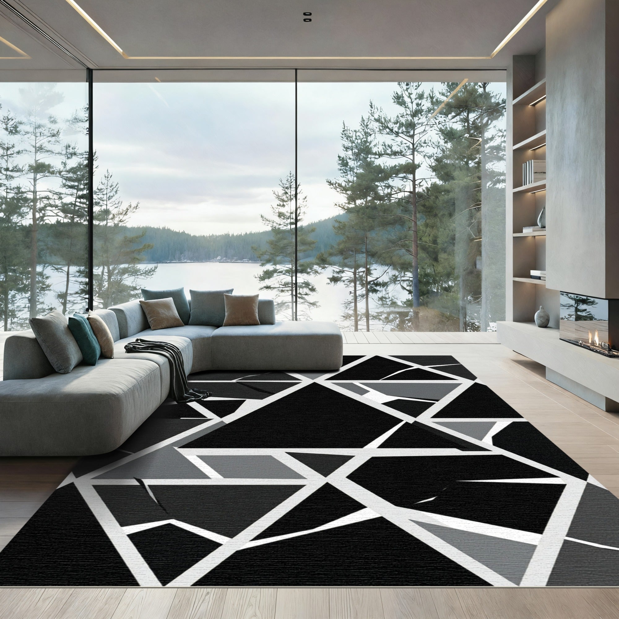 Monochrome Geometric Shattered Triangles Rug