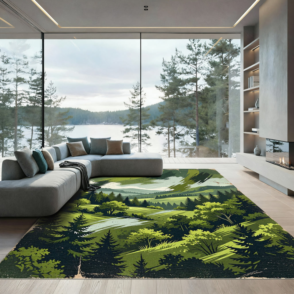 Emerald Mountain Forest Landscape Scene Rug