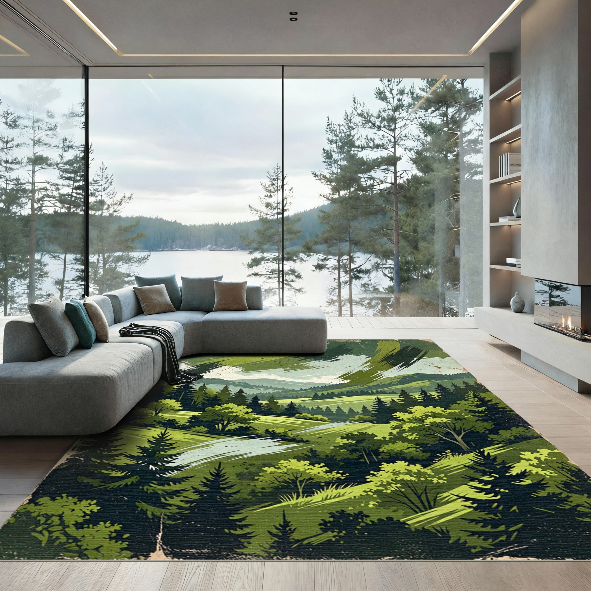 Emerald Mountain Forest Landscape Scene Rug