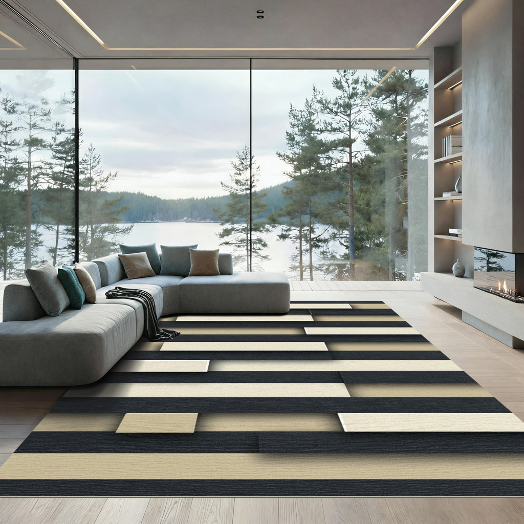 Modern Black Beige Layered Stripes Rug