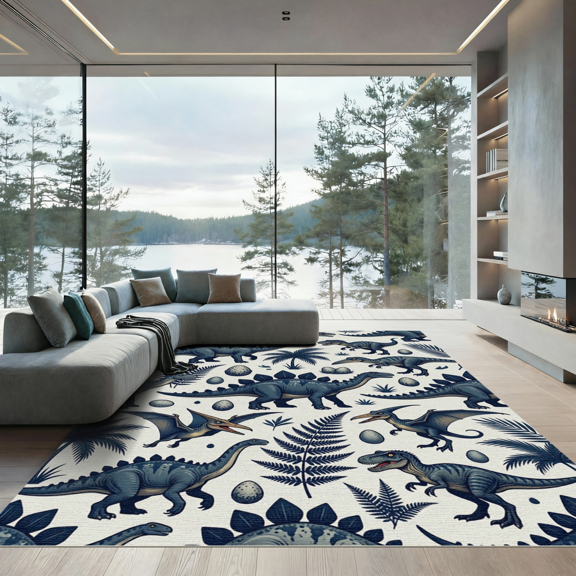 Nordic Slate Blue Dinosaur Forest Rug