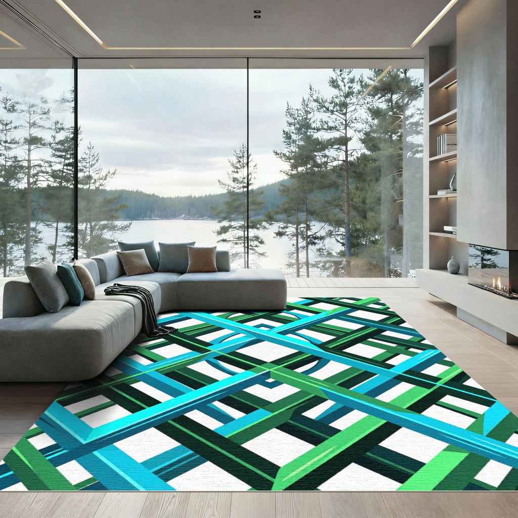Geometric Interwoven Teal and Emerald Grid Rug