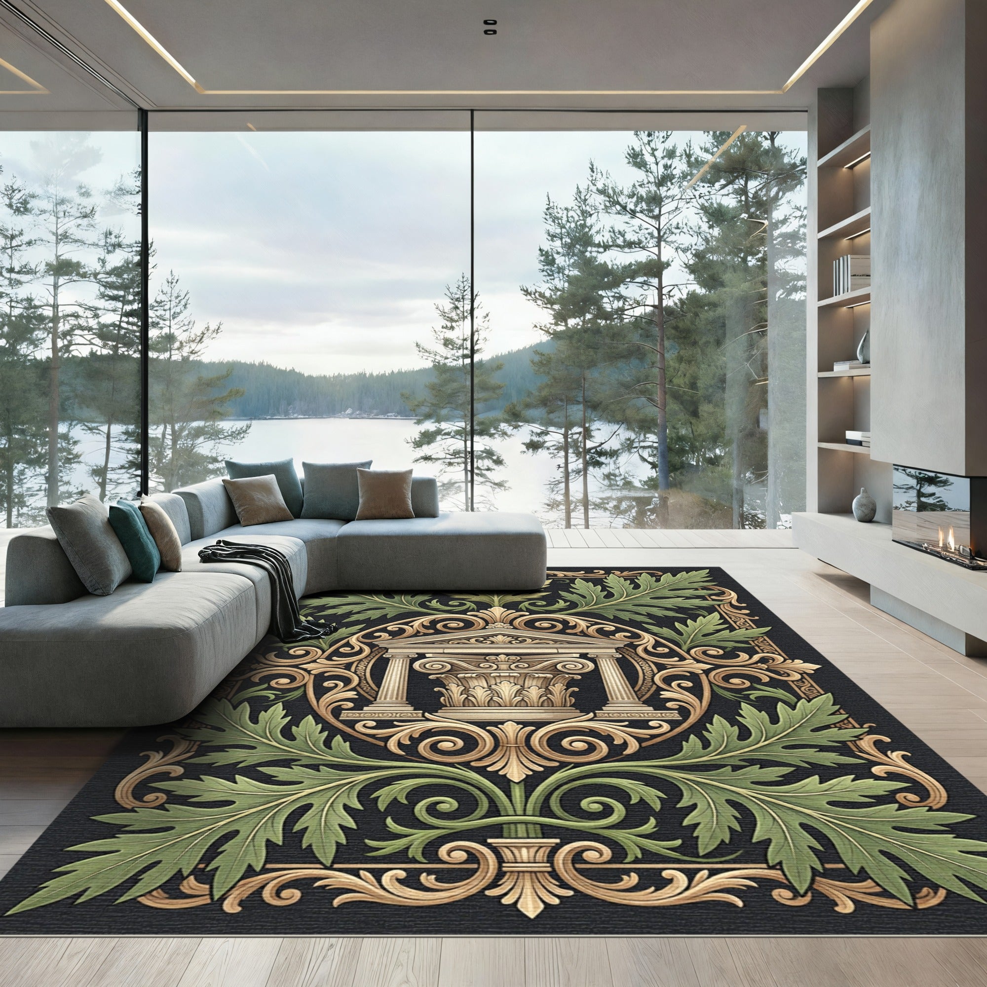 Classical Green Leaf Architectural Medallion Rug