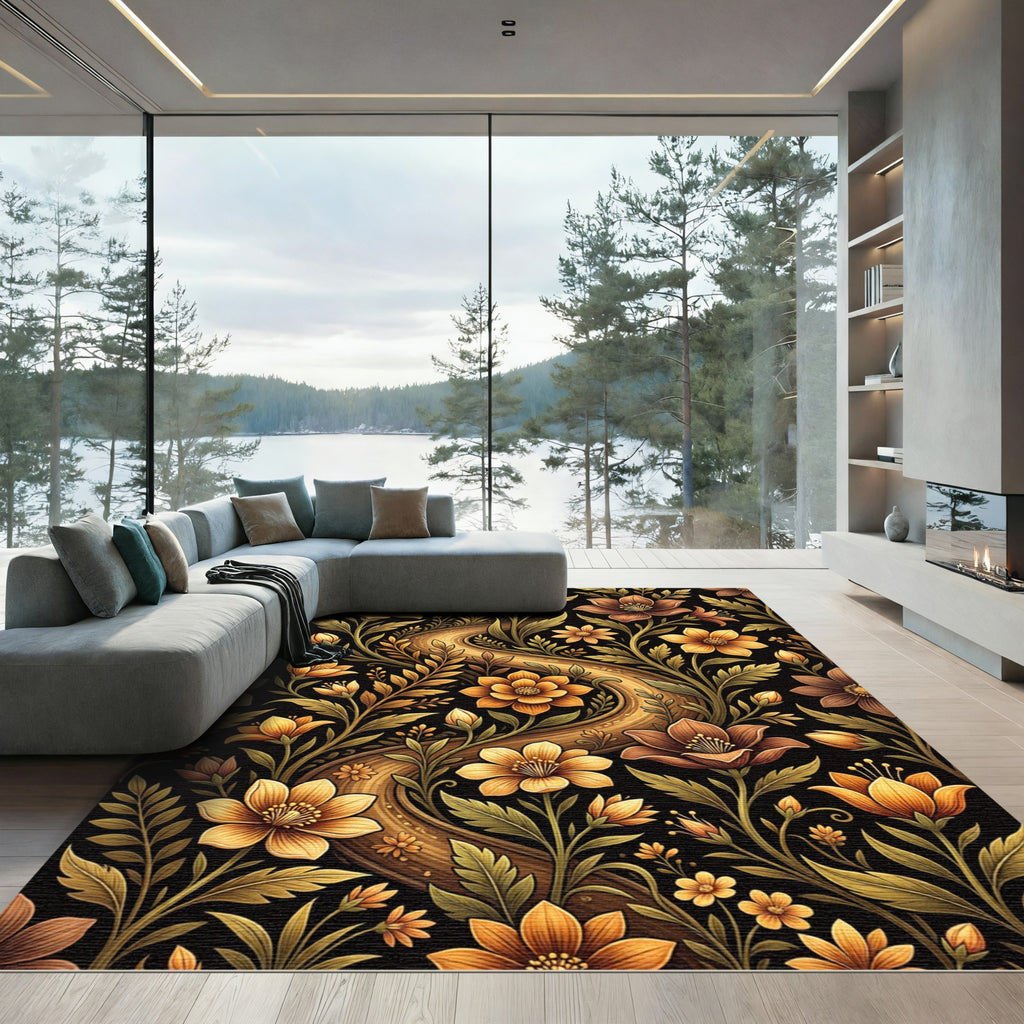 Golden Bronze Floral Vine Accents Rug