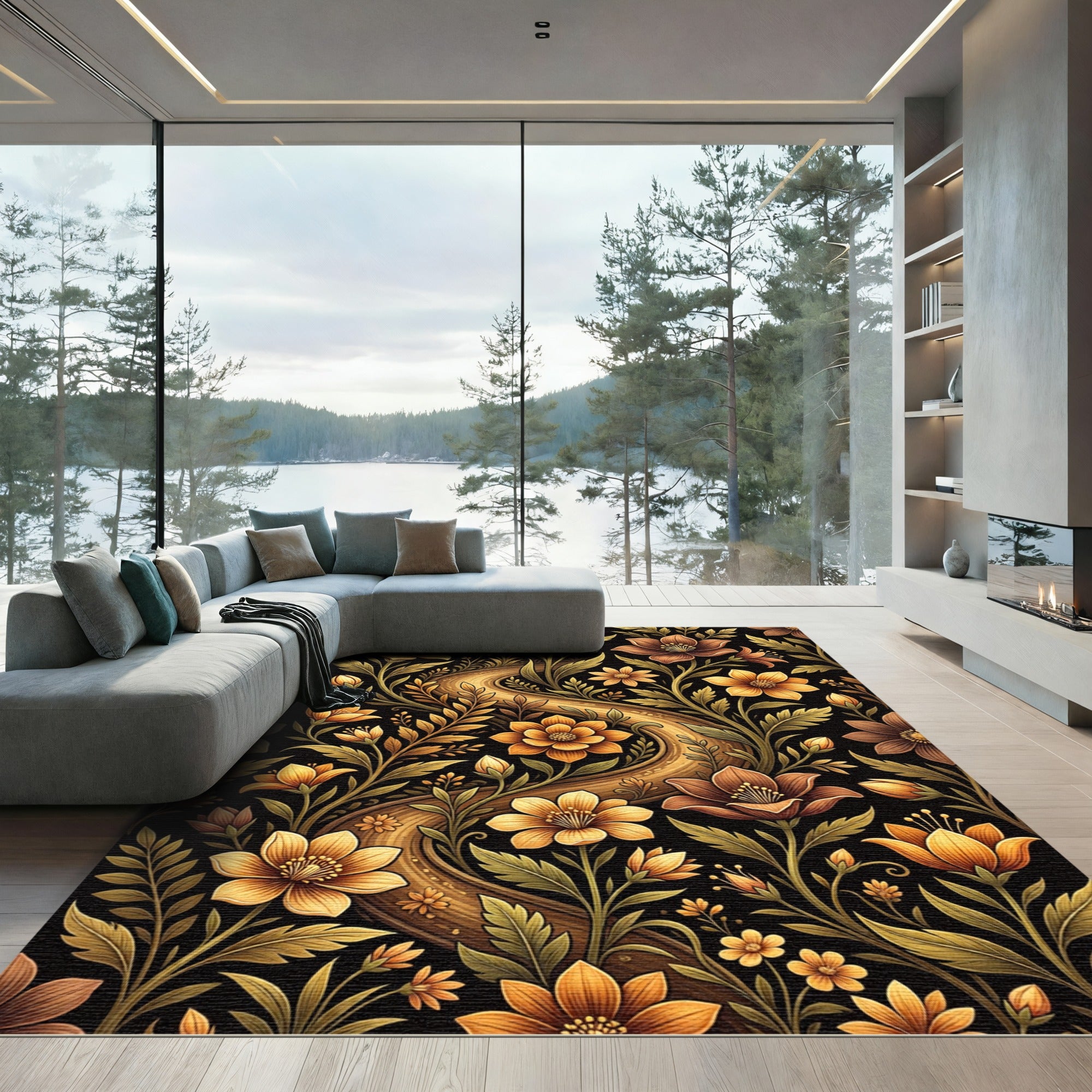 Golden Bronze Floral Vine Accents Rug