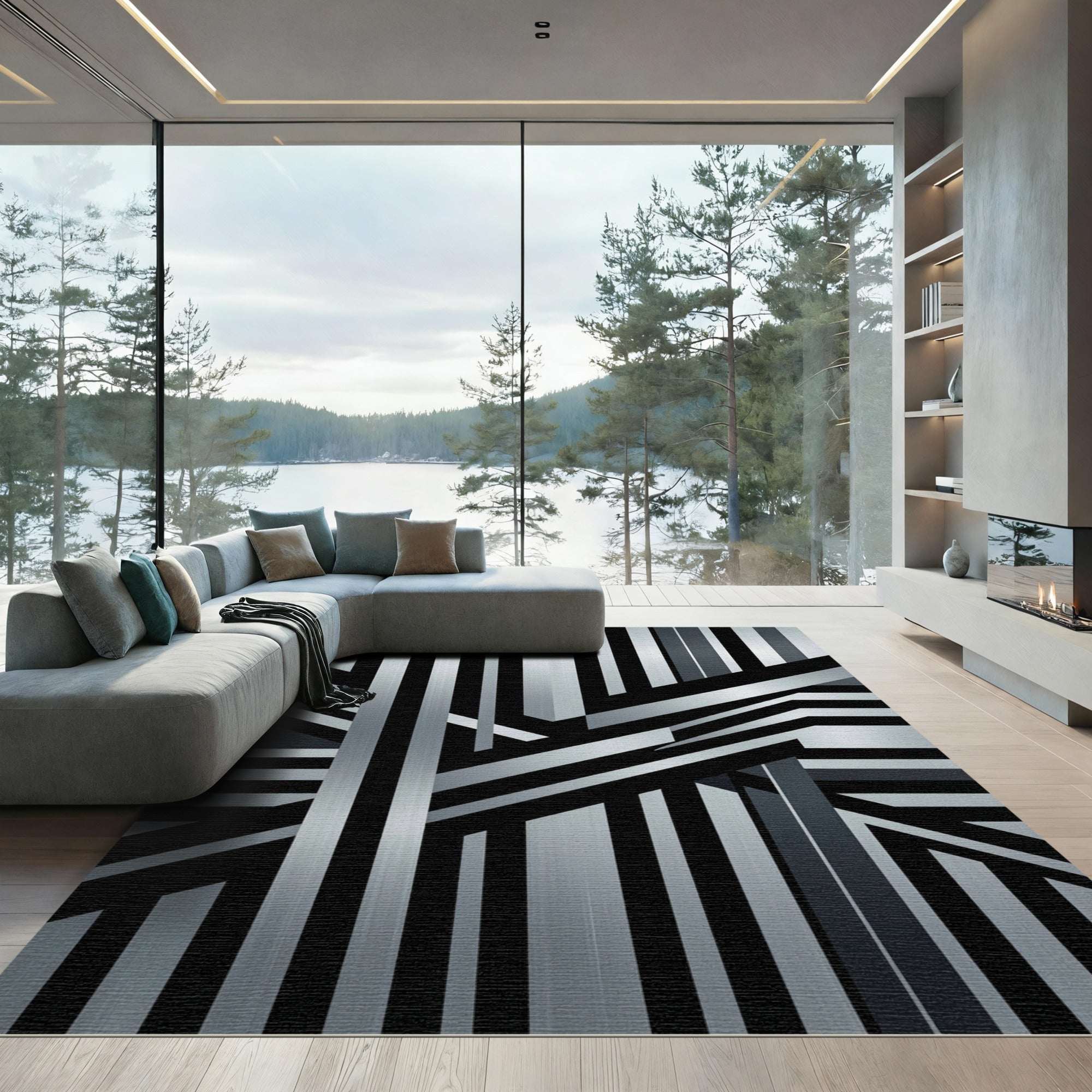 Monochrome Geometric Linear Metal Abstract Rug