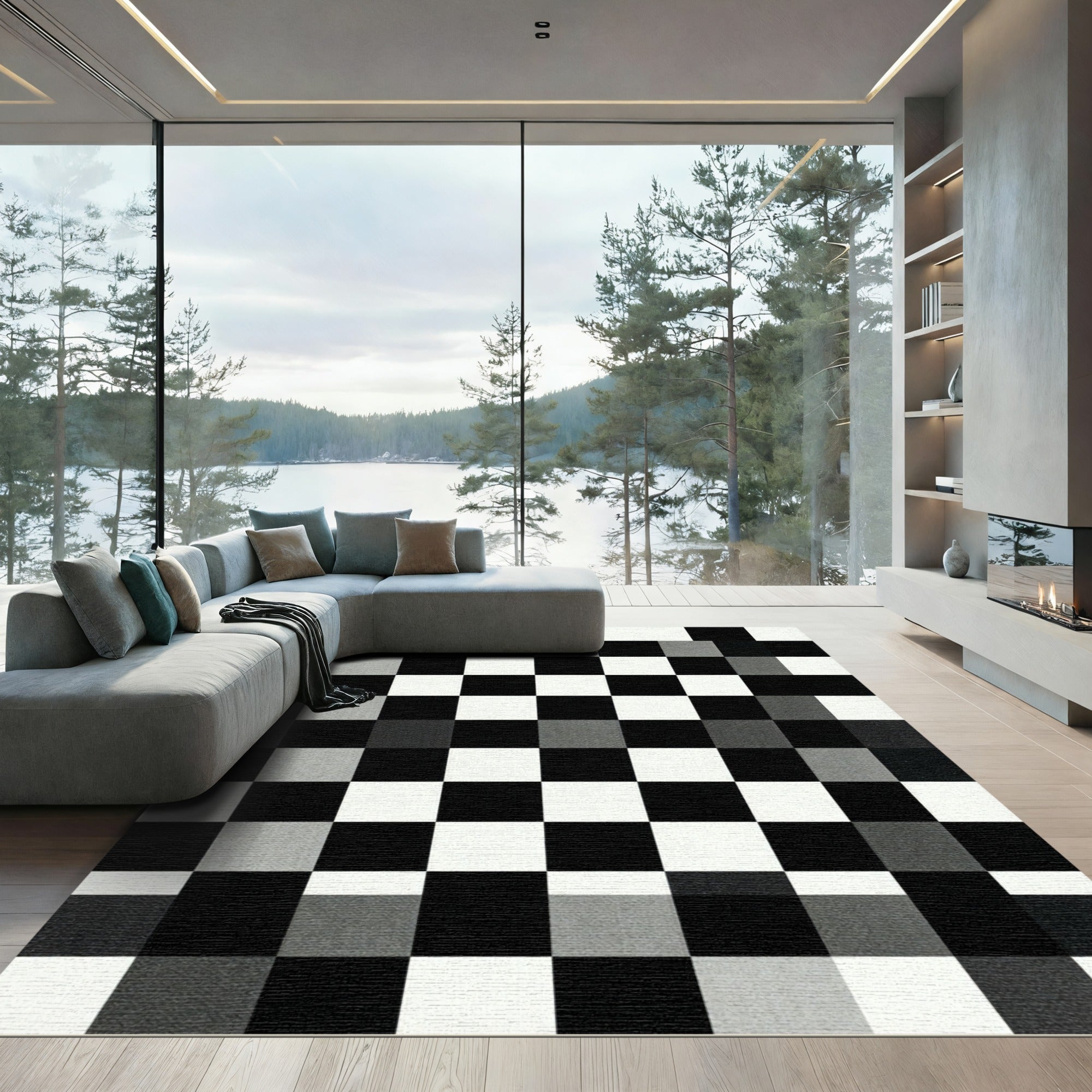 Monochrome Abstract Grid Checkered Tile Rug