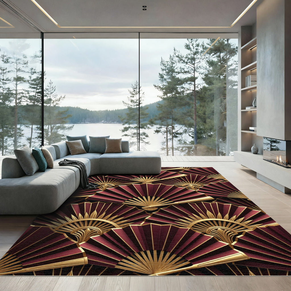 Crimson Gold Fan Art Deco Rug