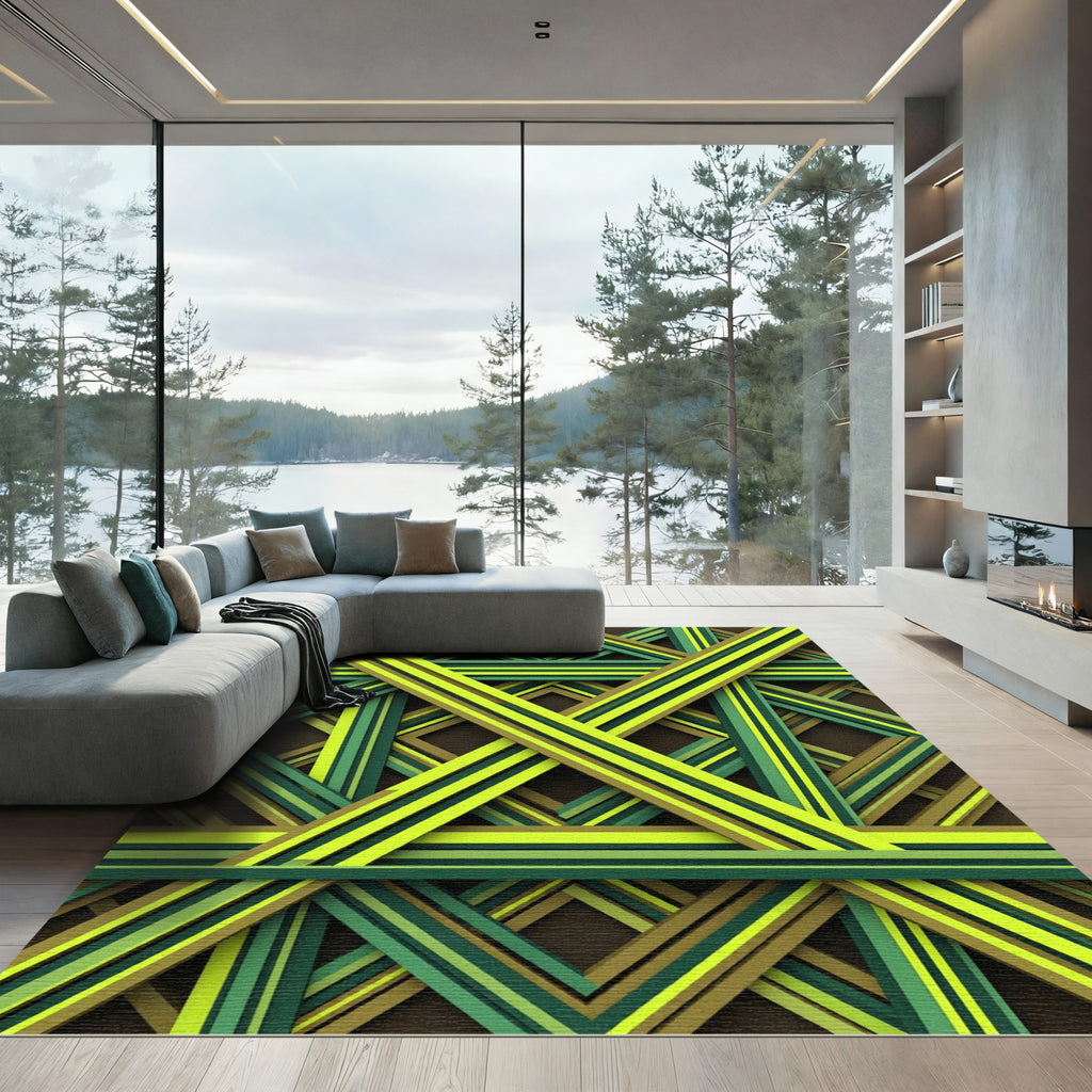 Geometric Lime and Olive Interwoven Grid Rug