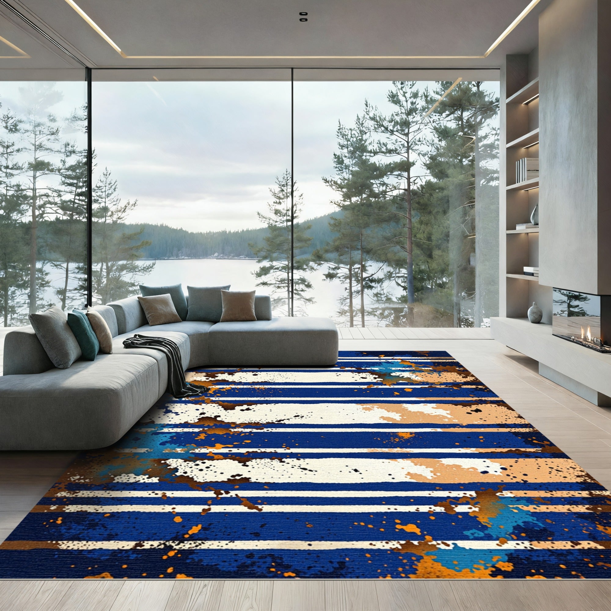 Bold Blue Orange Splattered Stripes Rug