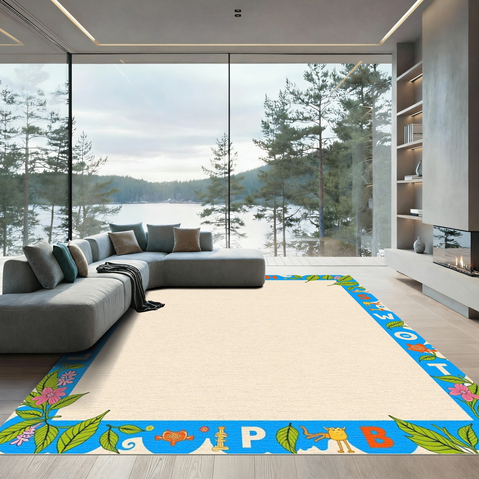 Alphabetical Border with Green Leaves Rug