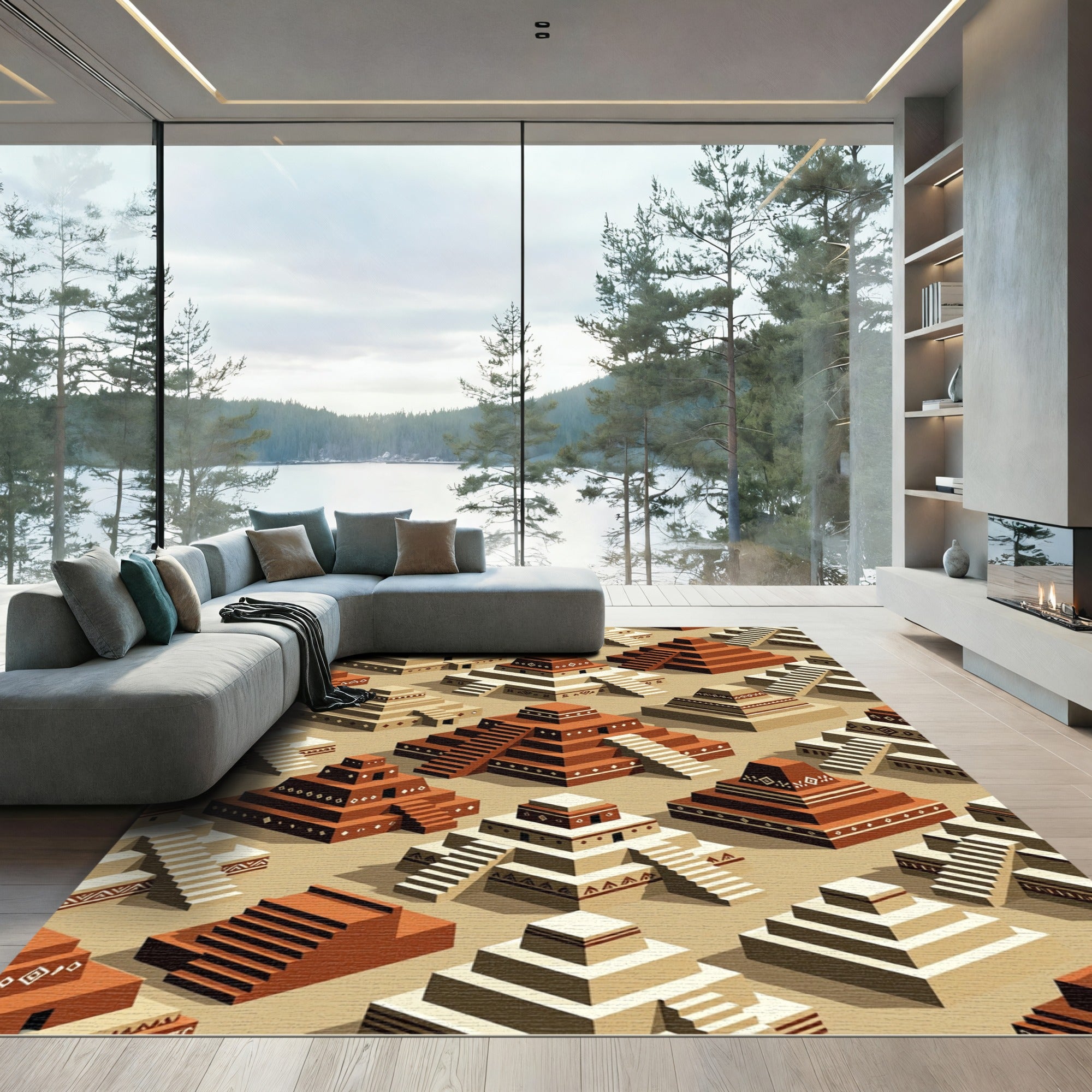 Isometric Terracotta Aztec Step Pyramid Tiled Rug