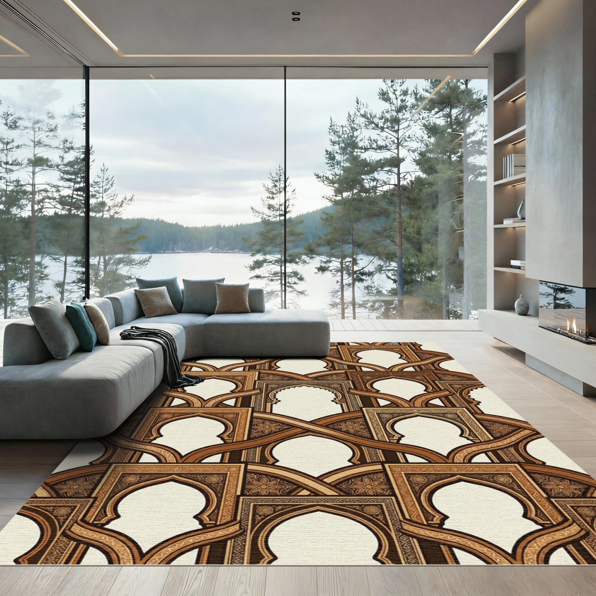 Ornate Golden Arch Geometric Lattice Rug