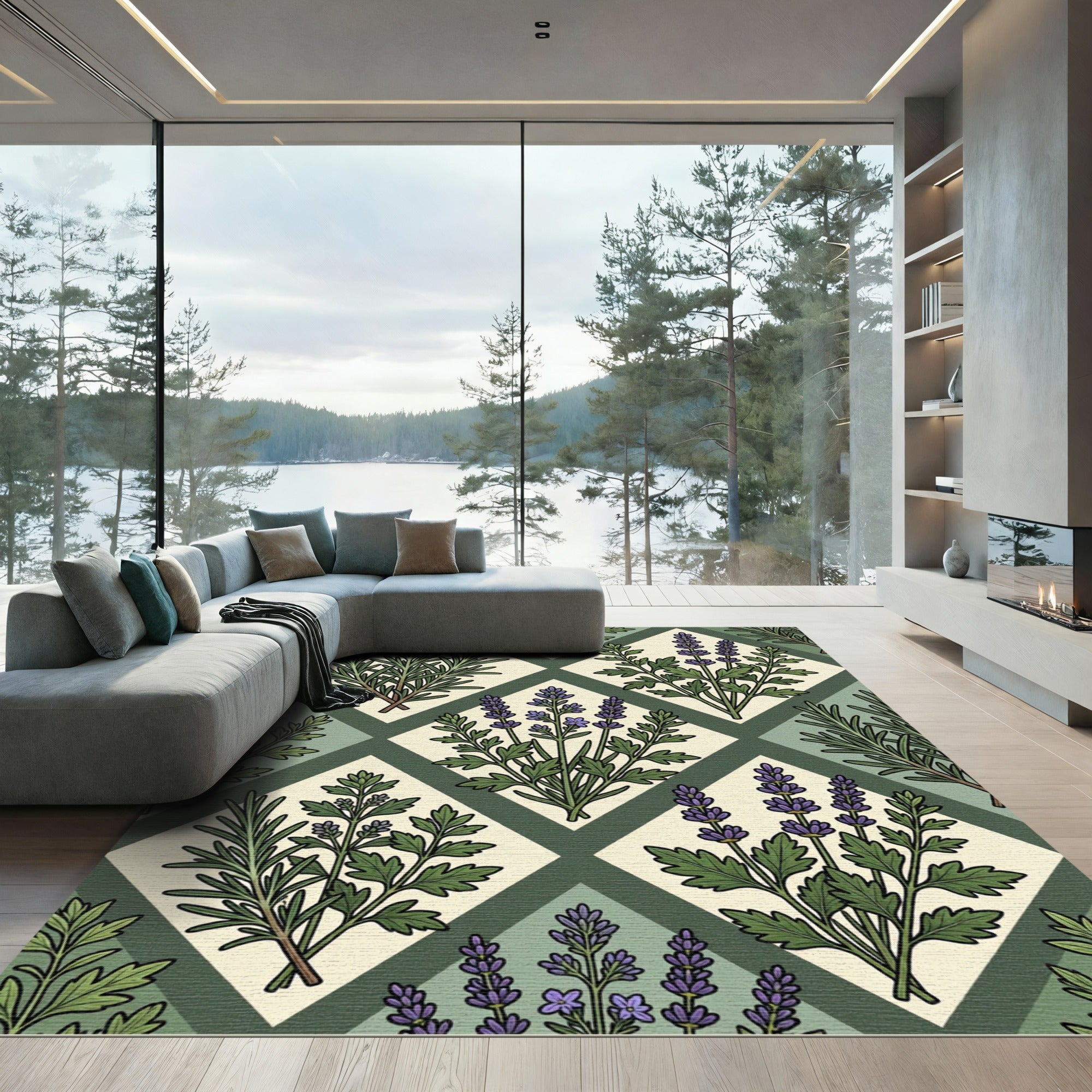Sage Green Herbal Lavender Diamond Tile Rug