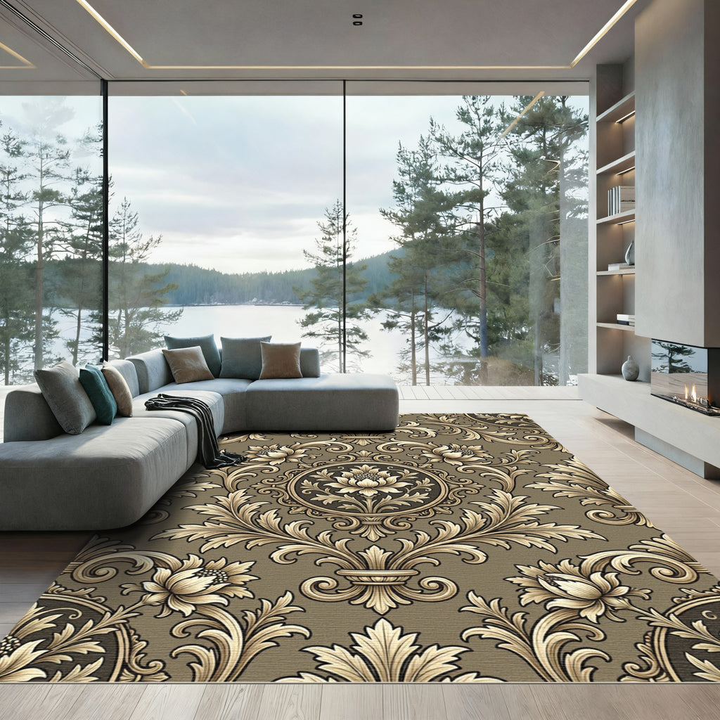 Ornate Gold Scrollwork Floral Medallion Rug