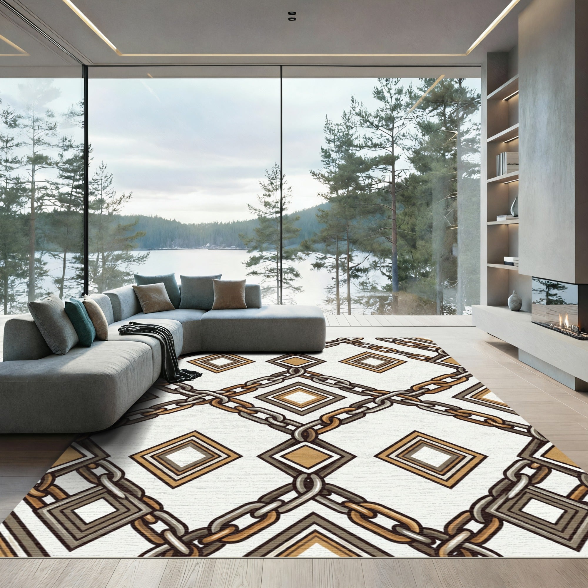 Metallic Gold and Silver Interlocking Chain Diamond Rug