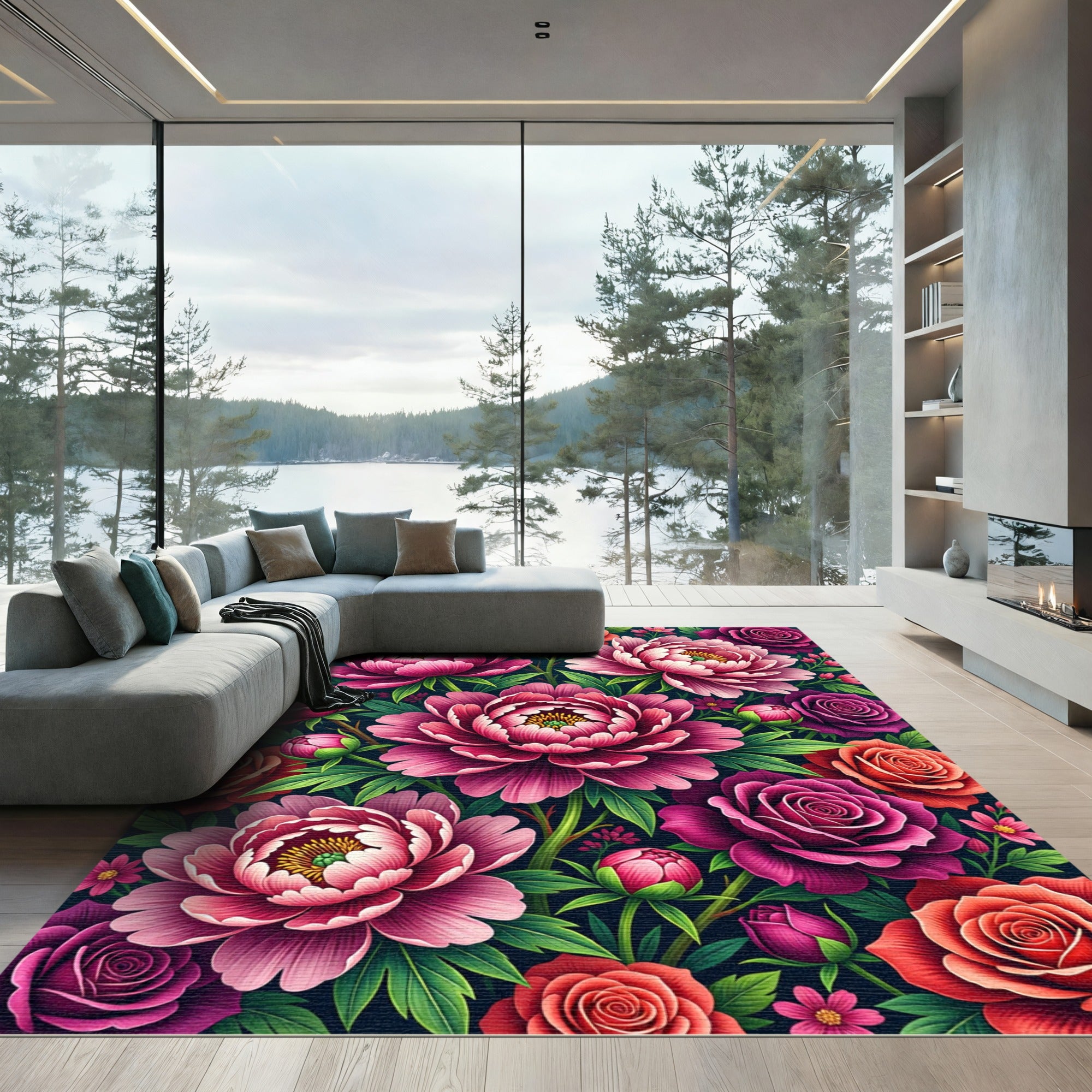 Vibrant Pink Peony Rose Garden Rug