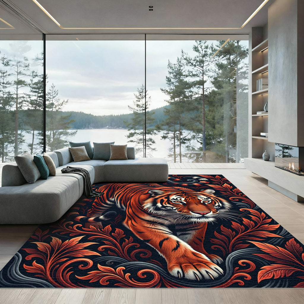 Vibrant Tiger Portrait Floral Swirl Rug