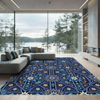 Intricate Navy Gold Floral Geometric Tile Rug
