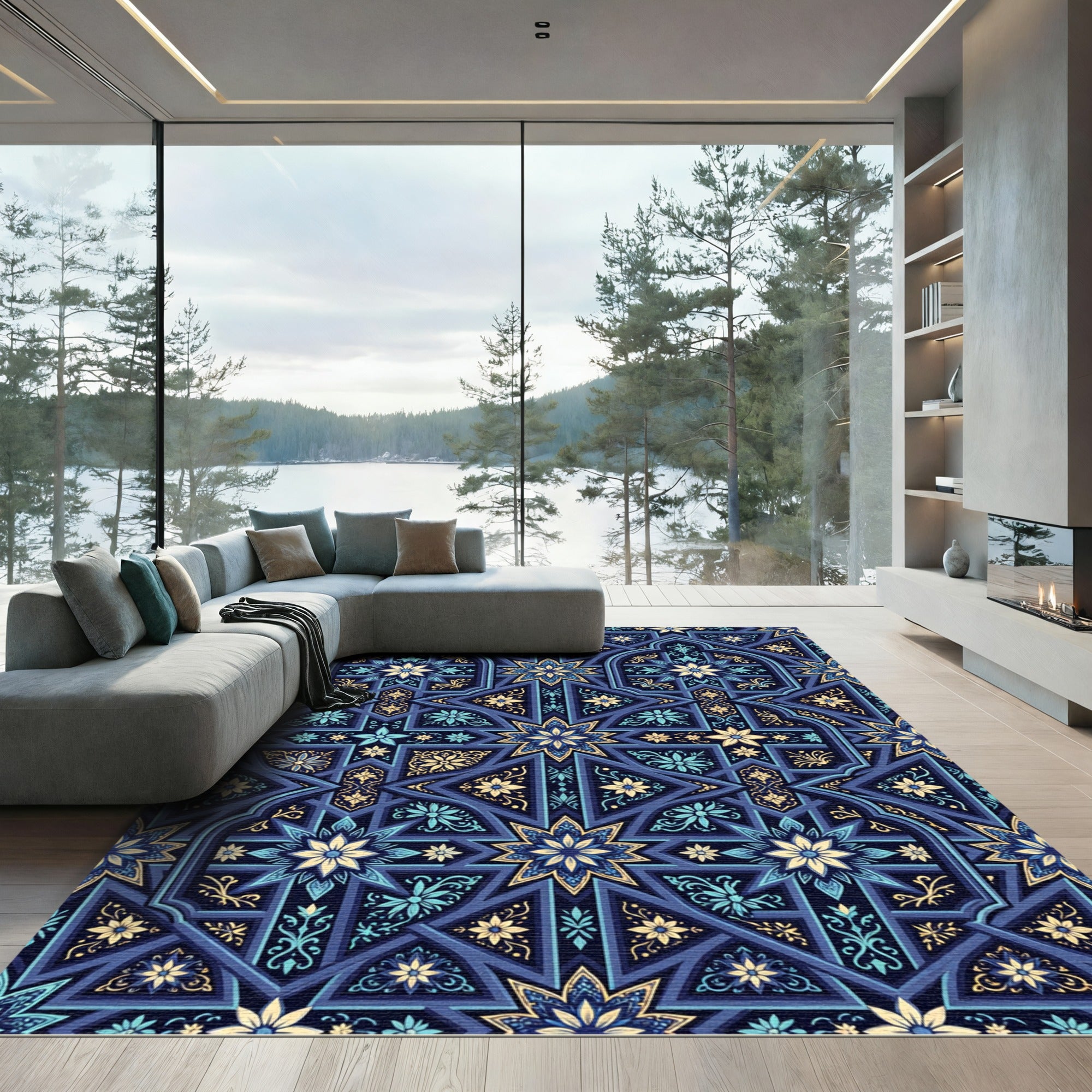 Intricate Navy Gold Floral Geometric Tile Rug
