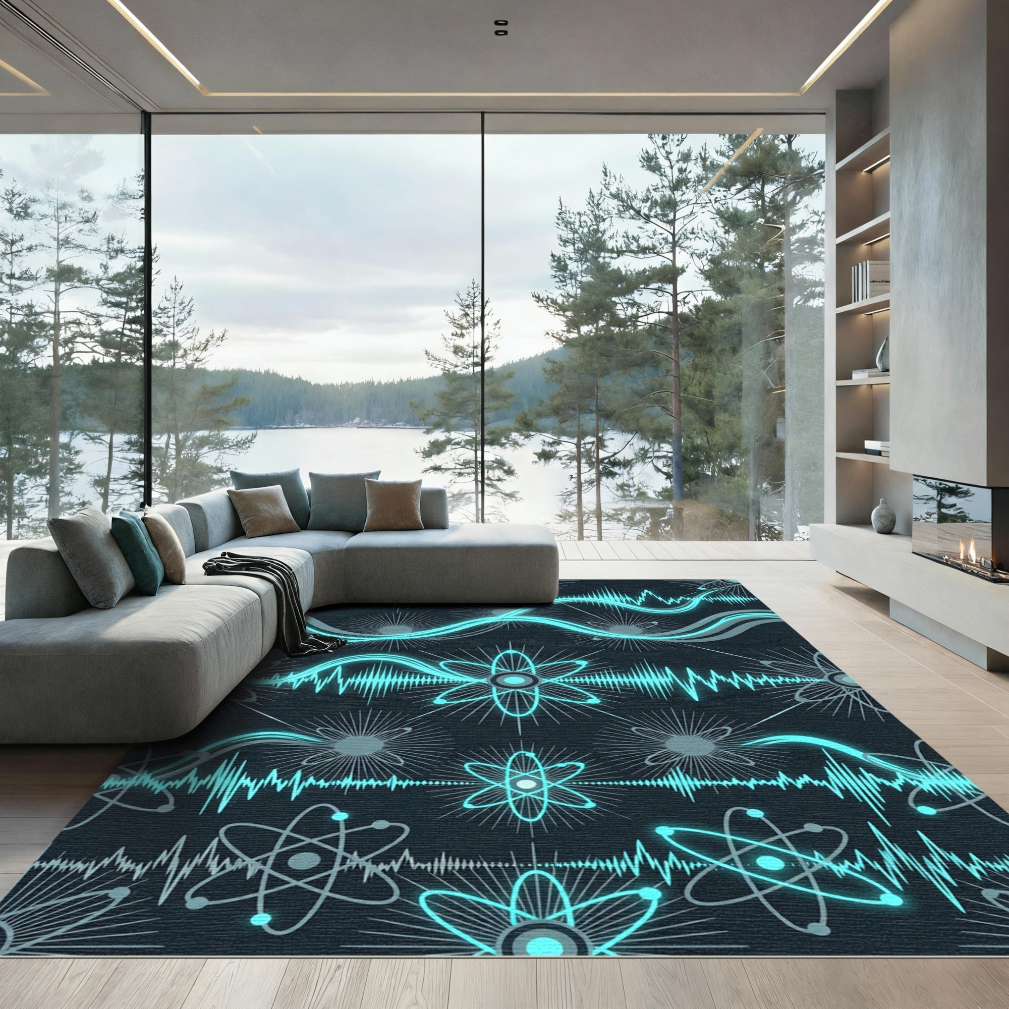 Cyan Atomic Energy Wave Repeat Rug