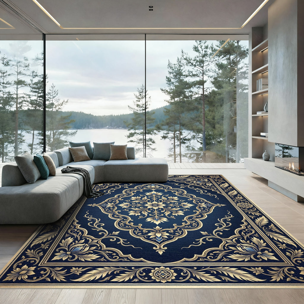 Gilded Navy Floral Frame Rug