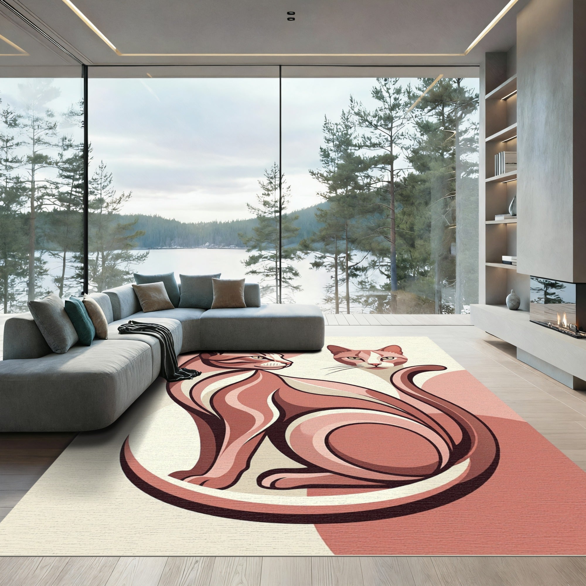 Minimalist Pink Feline Duo Illustration Rug