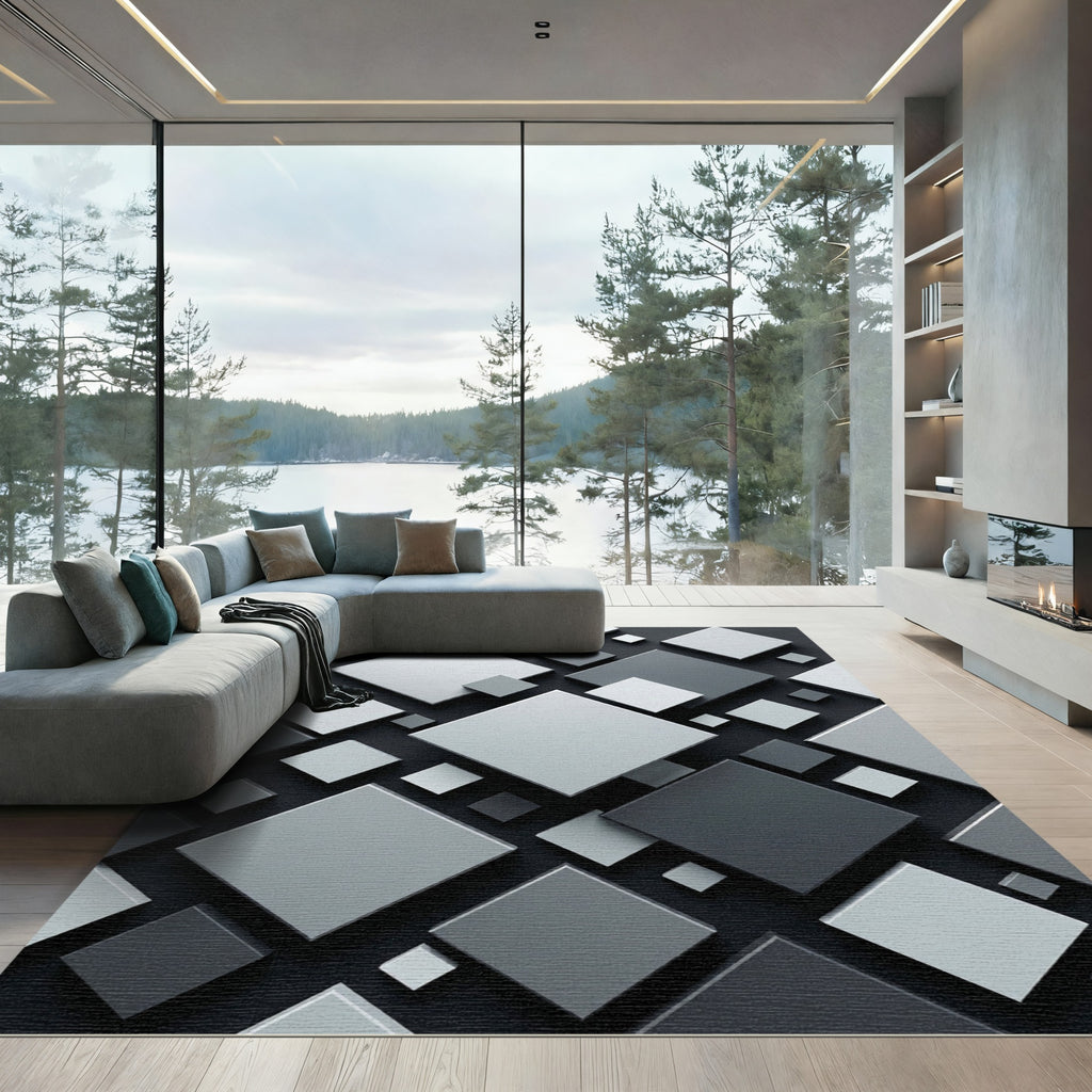 Modern Monochrome Gray Geometric Square Rug