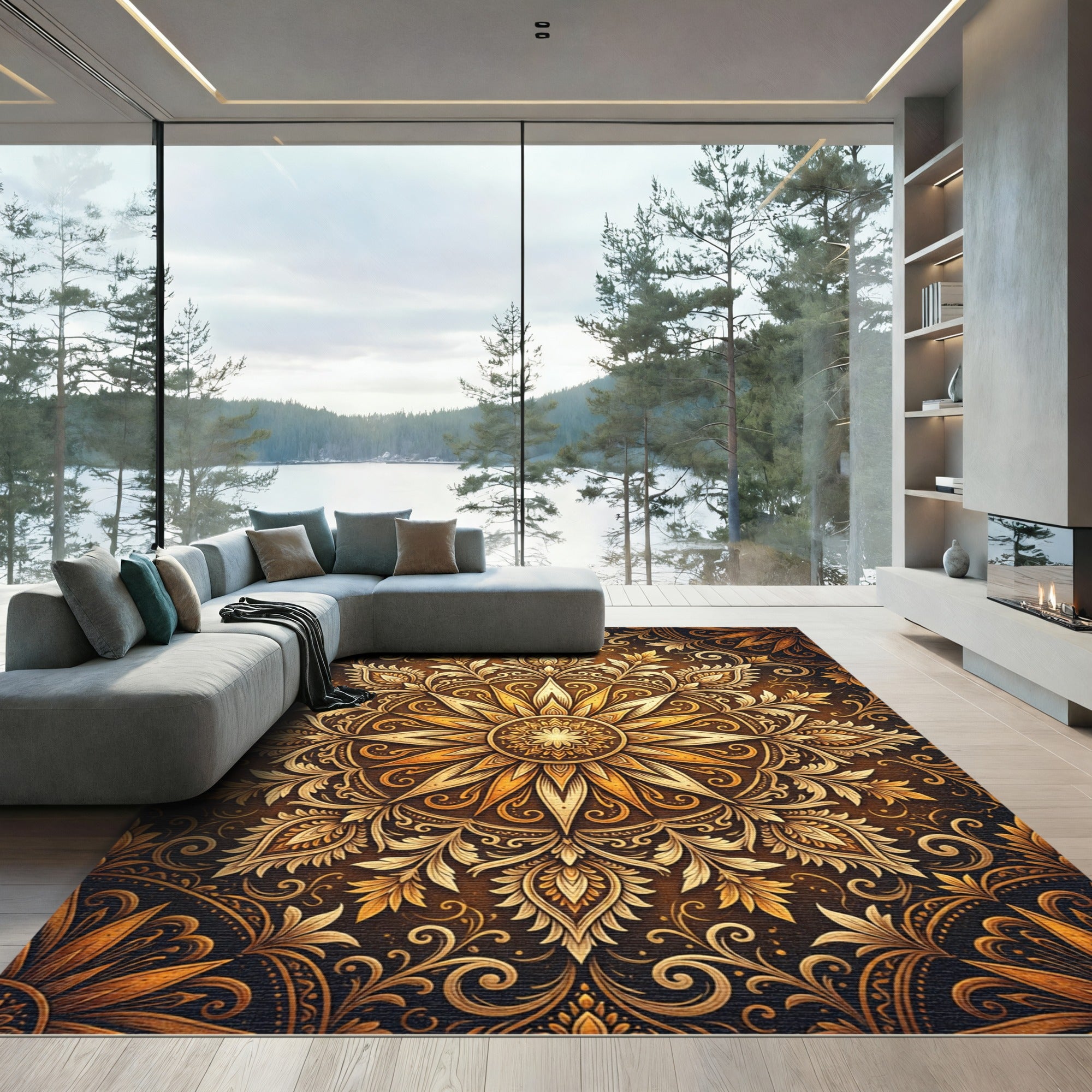Golden Floral Medallion Ornate Tapestry Rug