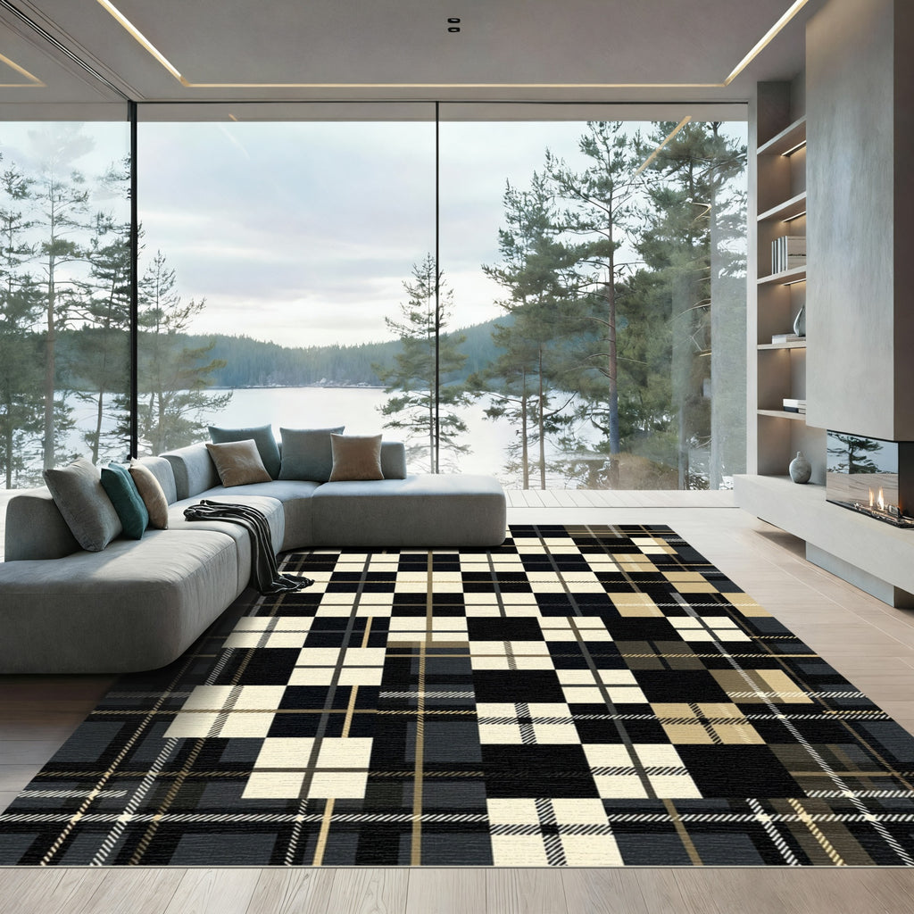 Black Cream Plaid Square Composition Rug