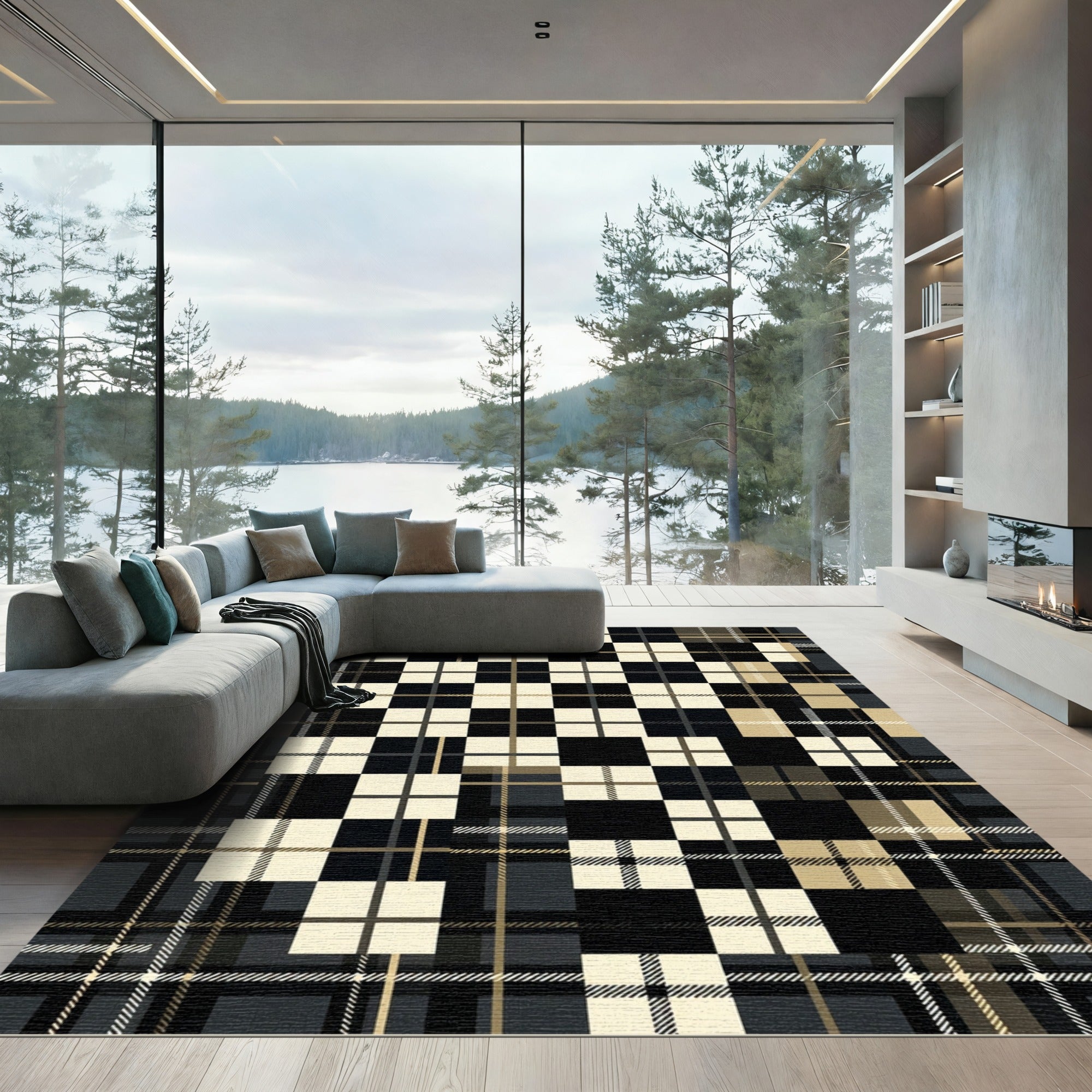 Black Cream Plaid Square Composition Rug