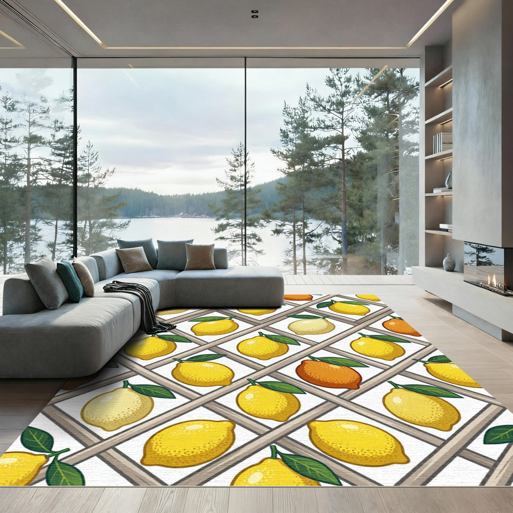 Vibrant Yellow Lemon Lattice Grid Rug