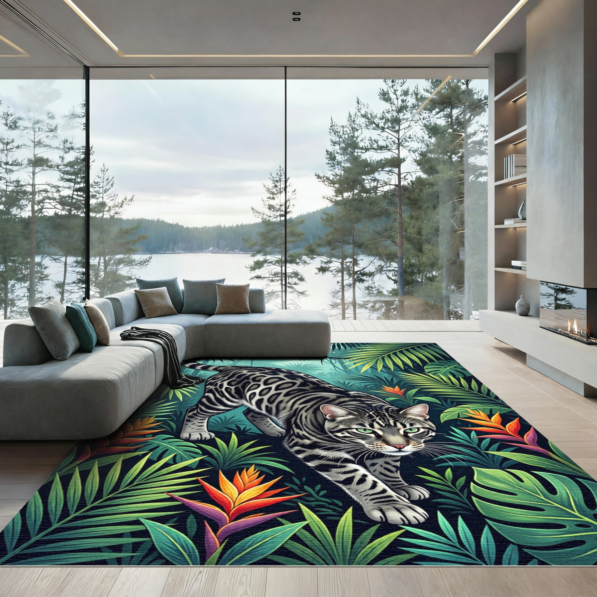Vivid Jungle Cat Tropical Floral Rug