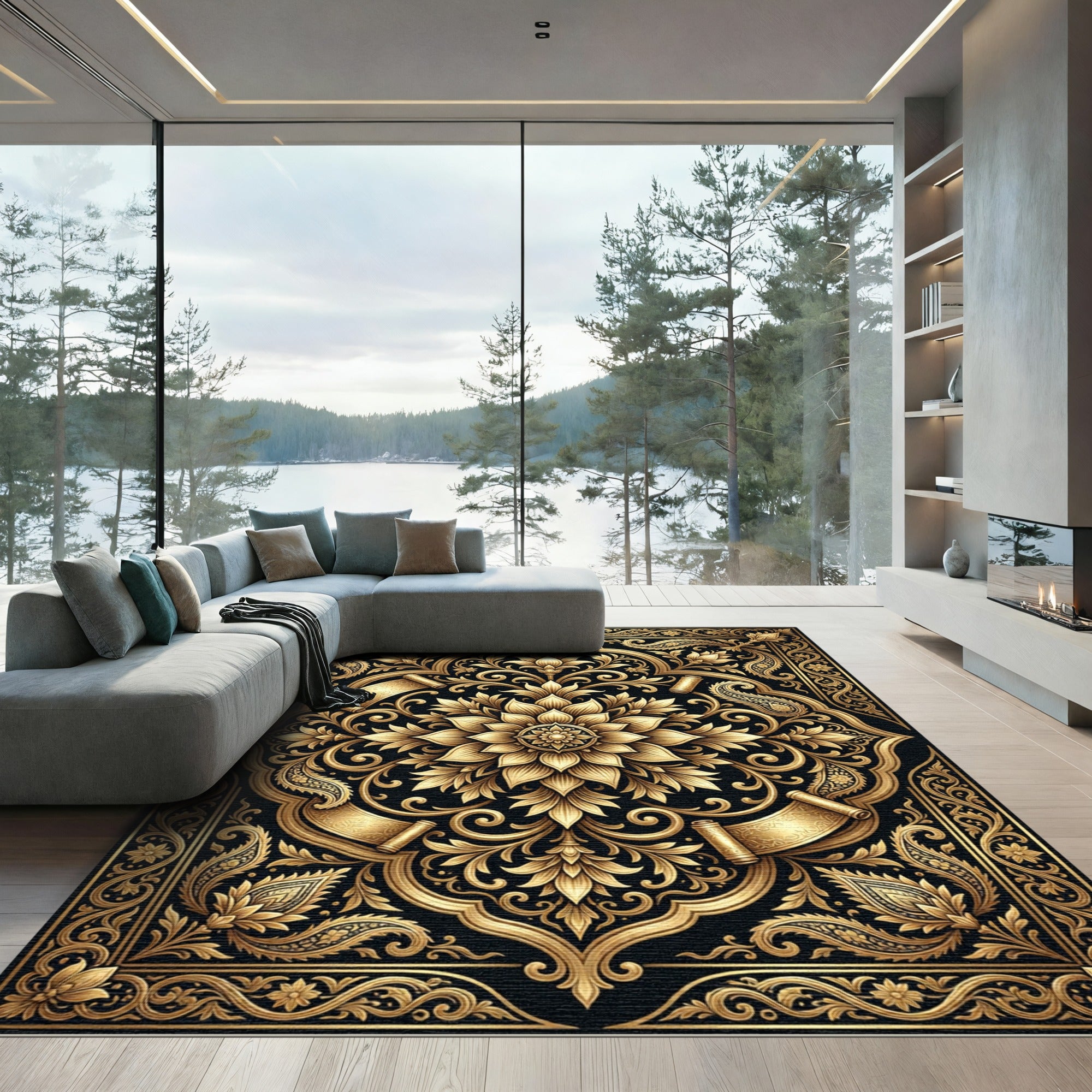 Ornate Gold Floral Scroll Medallion Rug