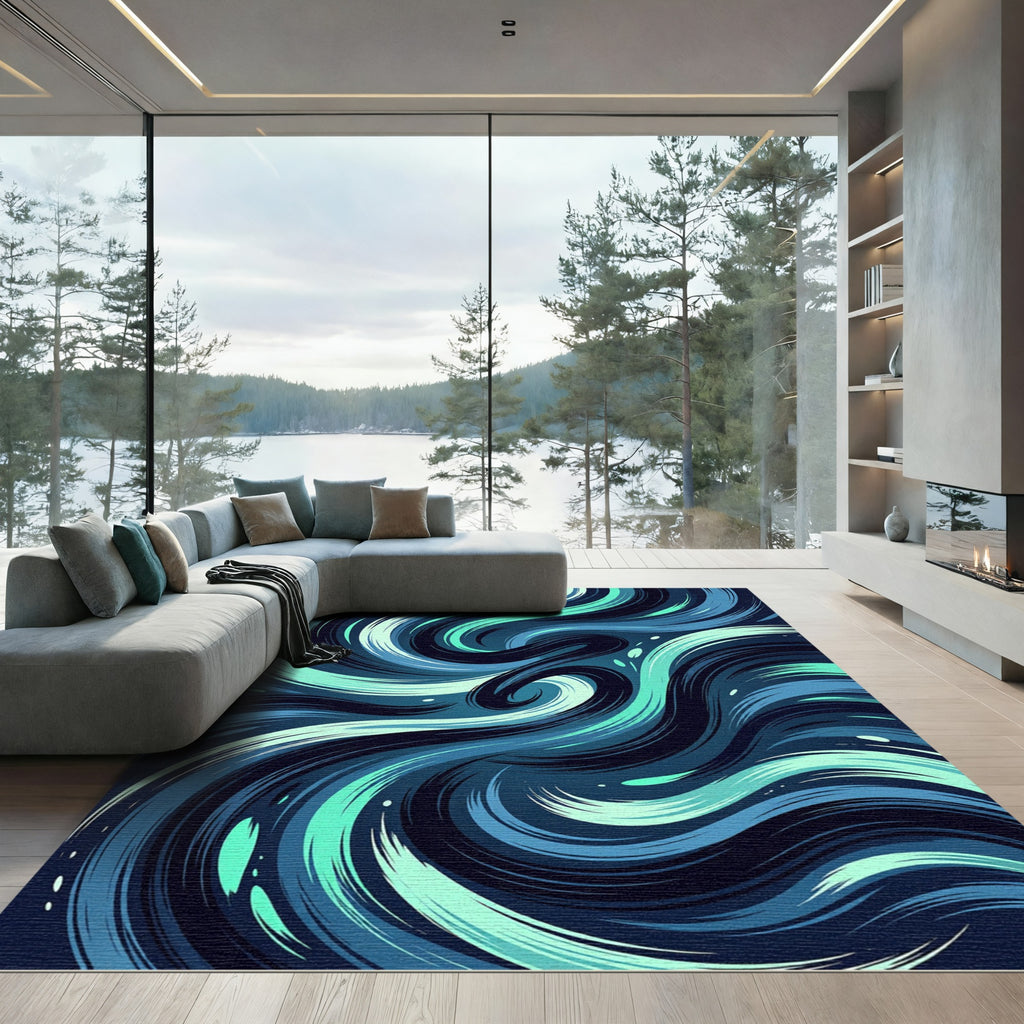 Abstract Teal and Navy Swirling Waves Rug