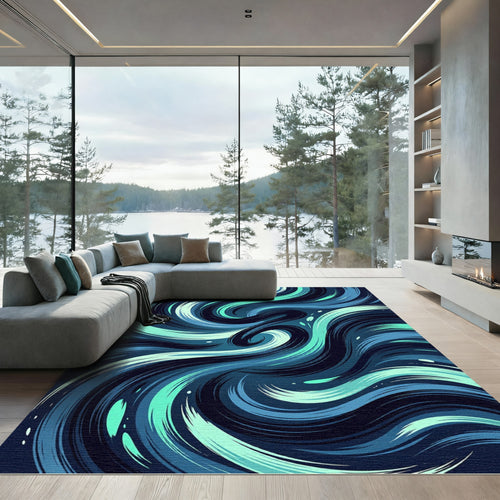 Abstract Teal and Navy Swirling Waves Rug
