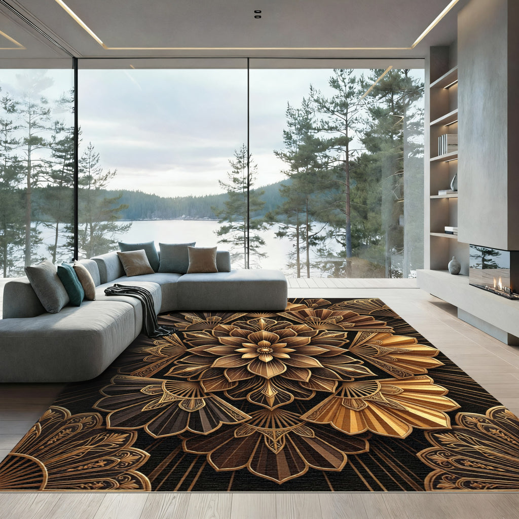 Gold Black Art Deco Fan Flower Rug