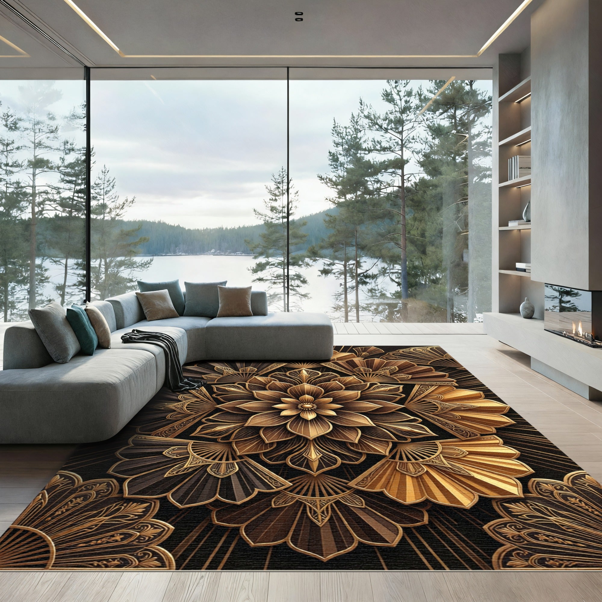 Gold Black Art Deco Fan Flower Rug