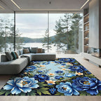 Elegant Deep Blue Peony Botanical Frame Rug