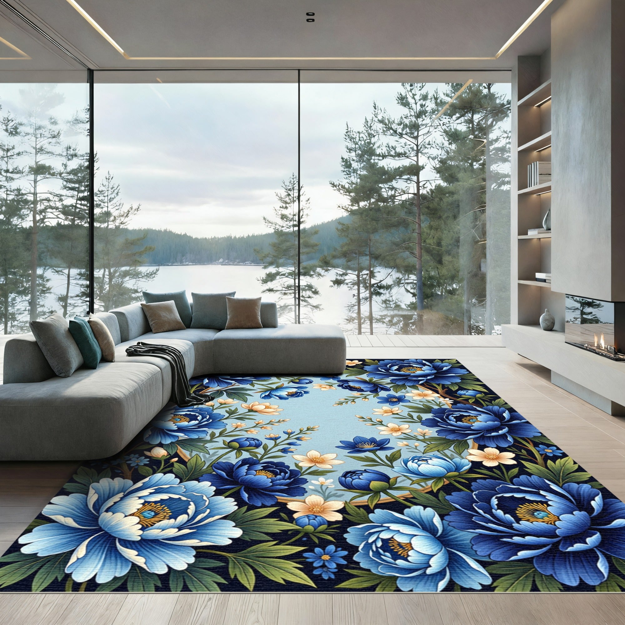 Elegant Deep Blue Peony Botanical Frame Rug